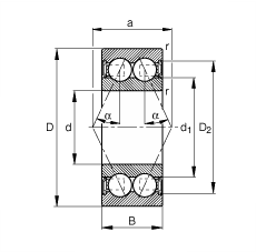 角接觸球軸承 3007-B-2RSR-TVH, 雙列，雙側(cè)唇密封，接觸角 α = 25°