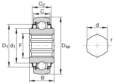 外球面球軸承 SK014-205-KRR-B, 球面外圈，內(nèi)圈帶六角形孔，兩側(cè) R 型密封